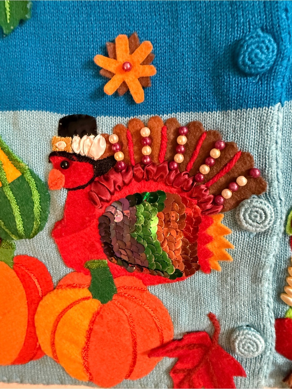 VTG Michael Simon Thanksgiving Cardigan Sweater ApliquΓ© Turkey Cornucopia 1999 M - Picture 5 of 14